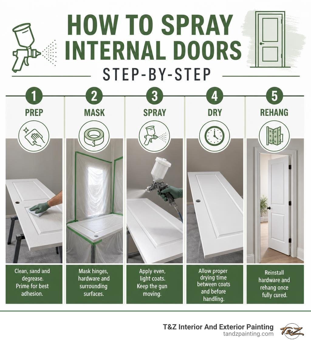 Step-by-step infographic: how to spray internal doors — prep, mask, spray, dry, rehang infographic Step-by-step infographic: how to spray internal doors — prep, mask, spray, dry, rehang infographic