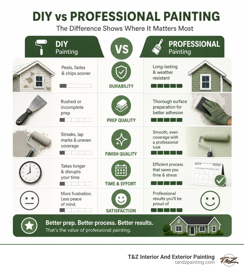 Infographic comparing DIY vs professional painting results across key factors like durability, prep quality, and