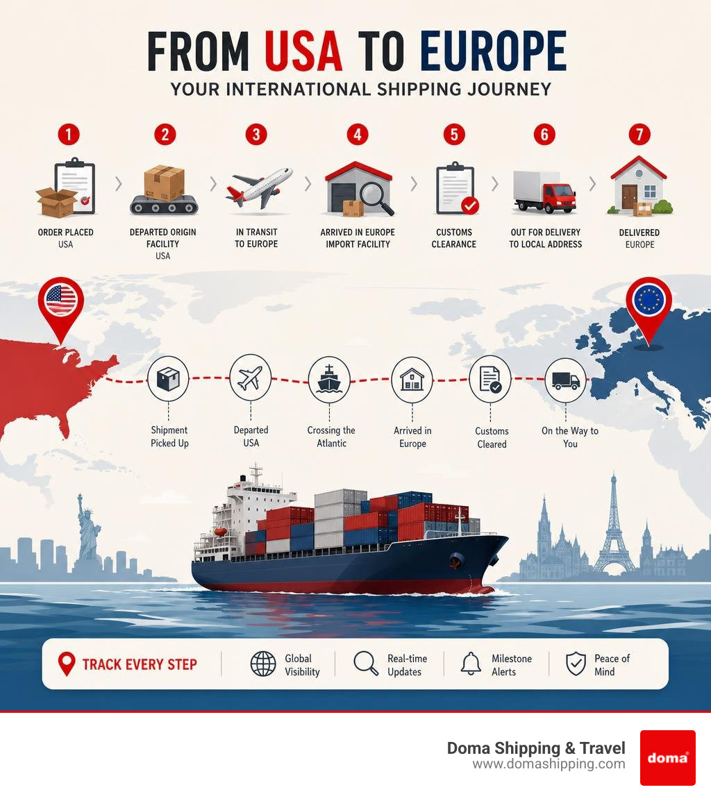 Step-by-step international shipping journey infographic from USA to Europe with tracking milestones infographic Step-by-step international shipping journey infographic from USA to Europe with tracking milestones infographic
