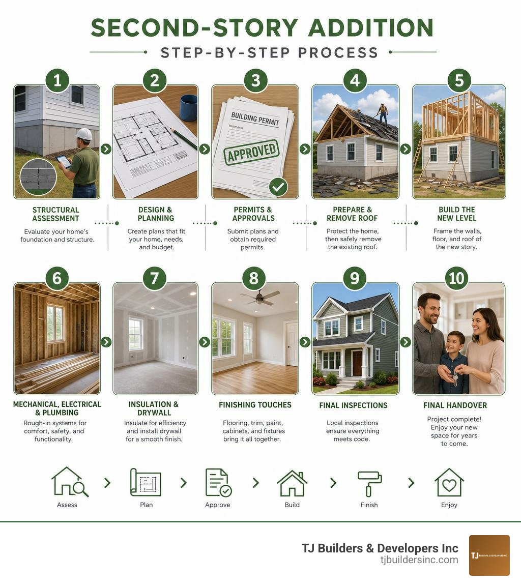 Step-by-step second-story addition process from structural assessment to final handover infographic