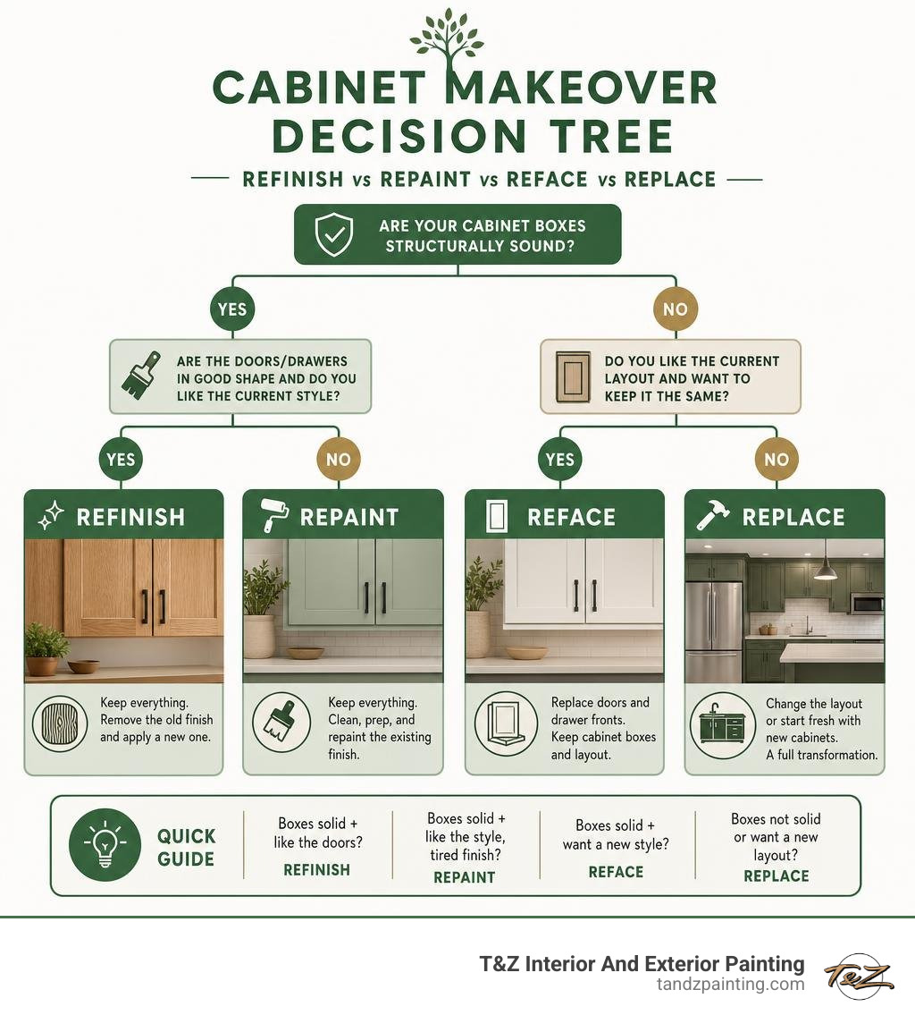 Cabinet makeover decision tree: refinish vs repaint vs reface vs replace infographic Cabinet makeover decision tree: refinish vs repaint vs reface vs replace infographic