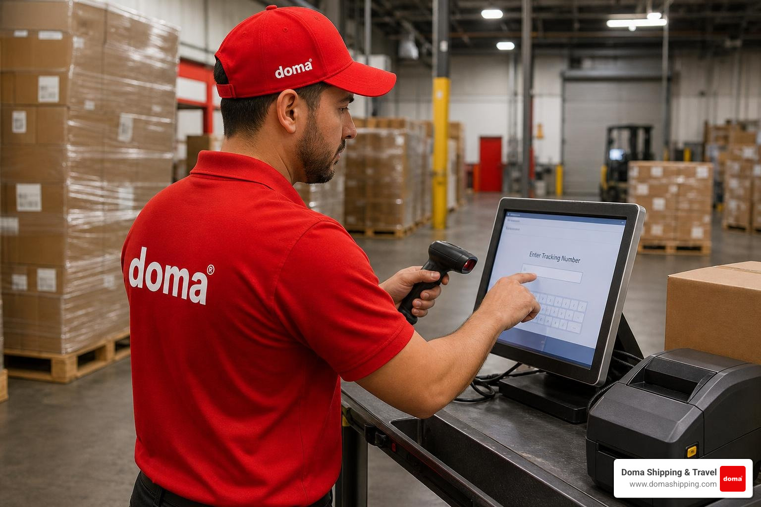 Doma Shipping professional worker in a red uniform entering a tracking number into a terminal in our Mount Prospect warehouse Doma Shipping professional worker in a red uniform entering a tracking number into a terminal in our Mount Prospect warehouse