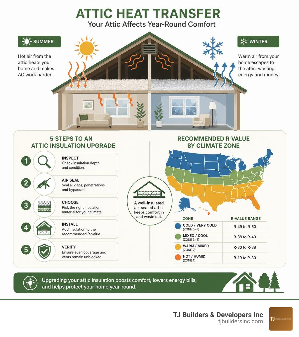 Infographic showing attic heat transfer and R-value upgrade steps by climate zone infographic Infographic showing attic heat transfer and R-value upgrade steps by climate zone infographic