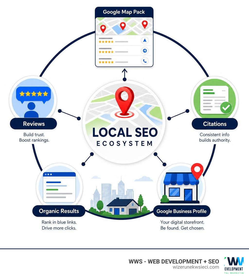 Local SEO ecosystem infographic showing Google Map Pack, organic results, reviews, citations, and GBP infographic