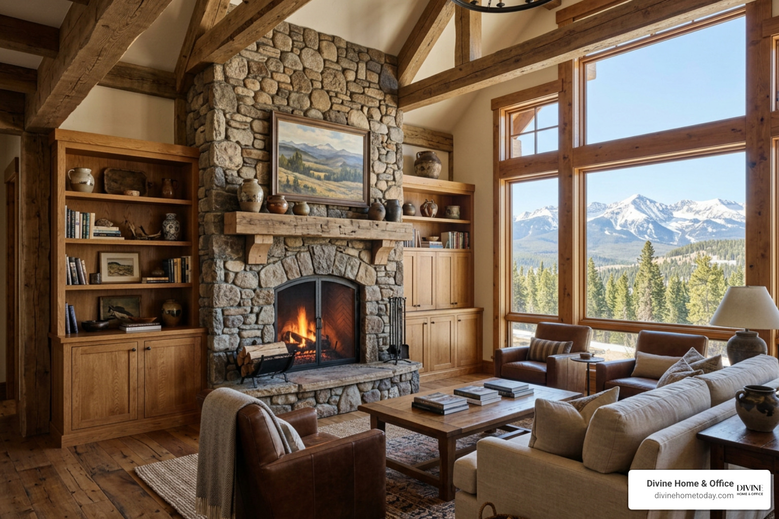 Custom modern mountain corner fireplace with built-in cabinetry and shelving Custom modern mountain corner fireplace with built-in cabinetry and shelving