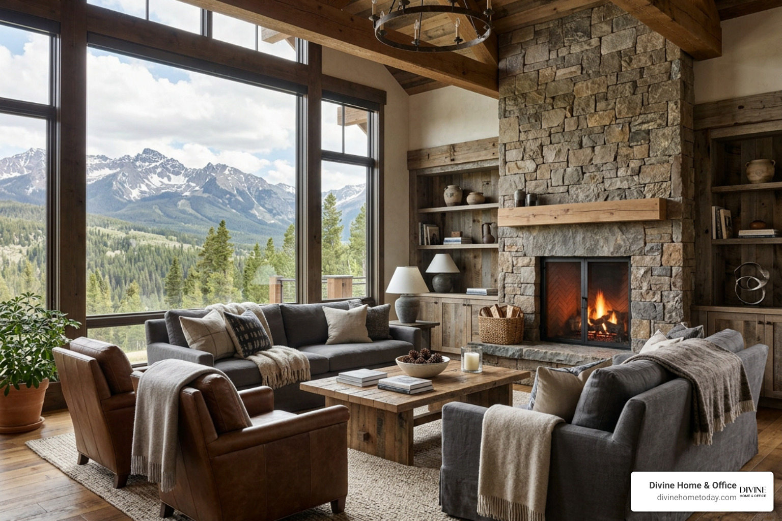 High-end modern mountain living room with custom built-in corner electric fireplace and wood mantel High-end modern mountain living room with custom built-in corner electric fireplace and wood mantel