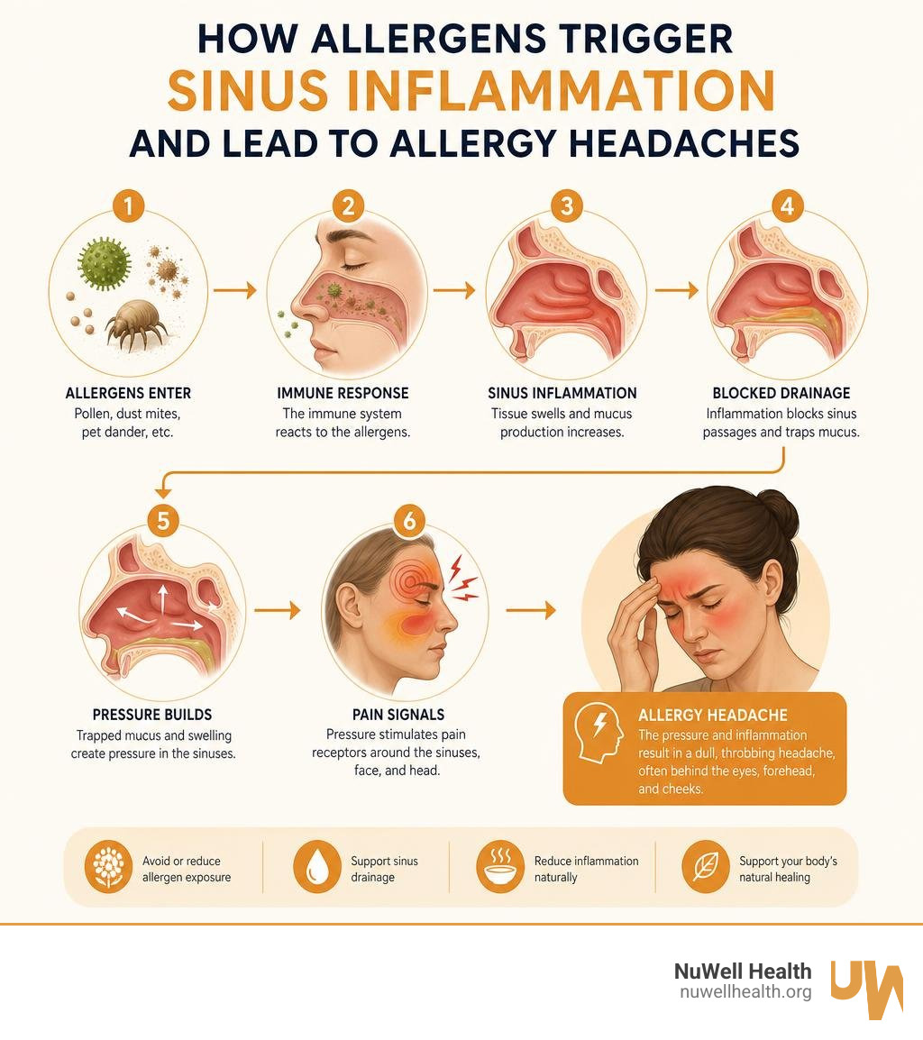 Infographic showing how allergens trigger sinus inflammation and lead to allergy headaches infographic Infographic showing how allergens trigger sinus inflammation and lead to allergy headaches infographic