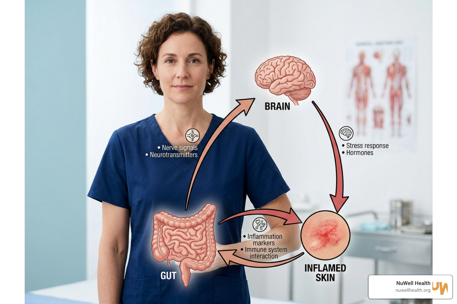 Diagram showing the connection between gut health, stress, and skin inflammation