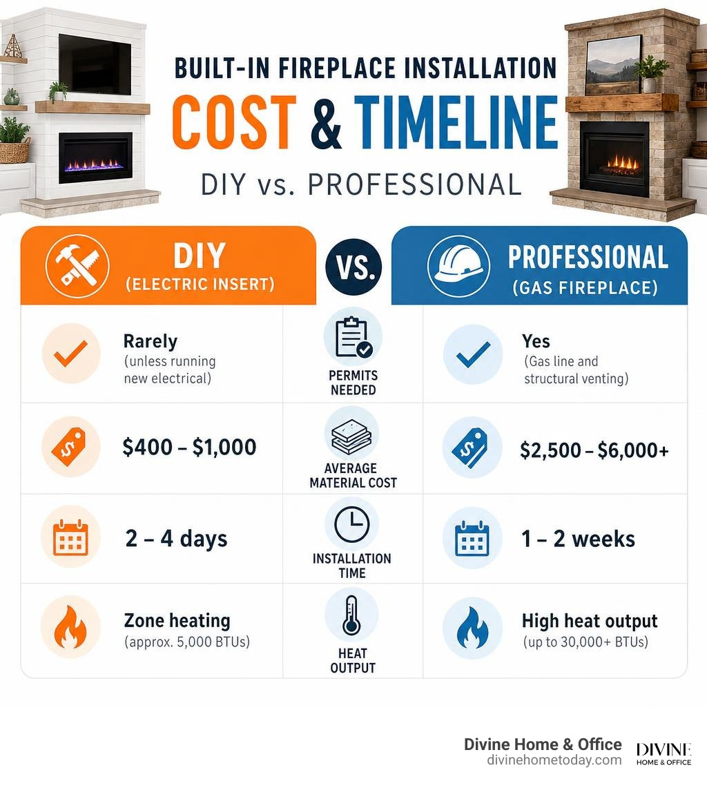 Infographic detailing average costs and timeline for professional vs DIY built-in fireplace installation infographic Infographic detailing average costs and timeline for professional vs DIY built-in fireplace installation infographic