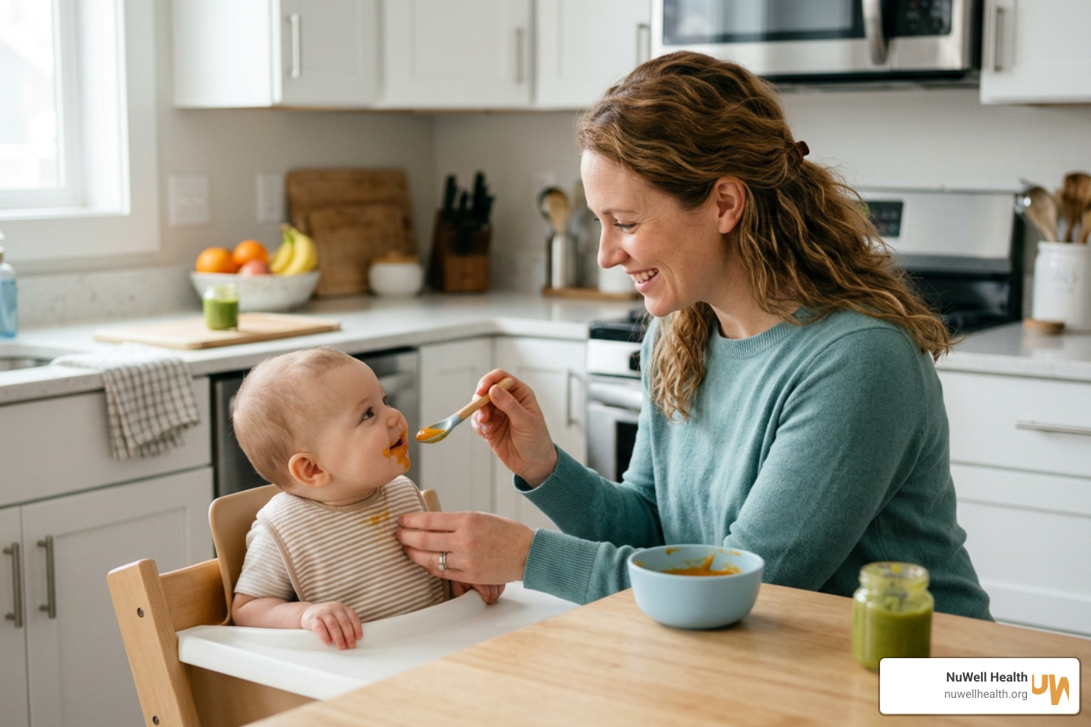 A mother feeding her infant healthy, organic solid foods to build early immune tolerance A mother feeding her infant healthy, organic solid foods to build early immune tolerance