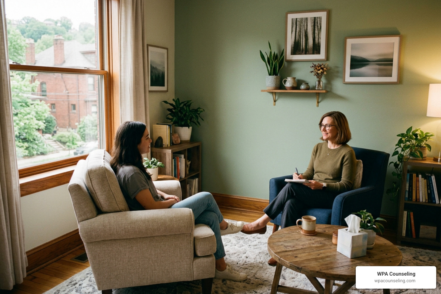 A warm and welcoming Pittsburgh therapy office setting designed for comfortable, healing conversations A warm and welcoming Pittsburgh therapy office setting designed for comfortable, healing conversations