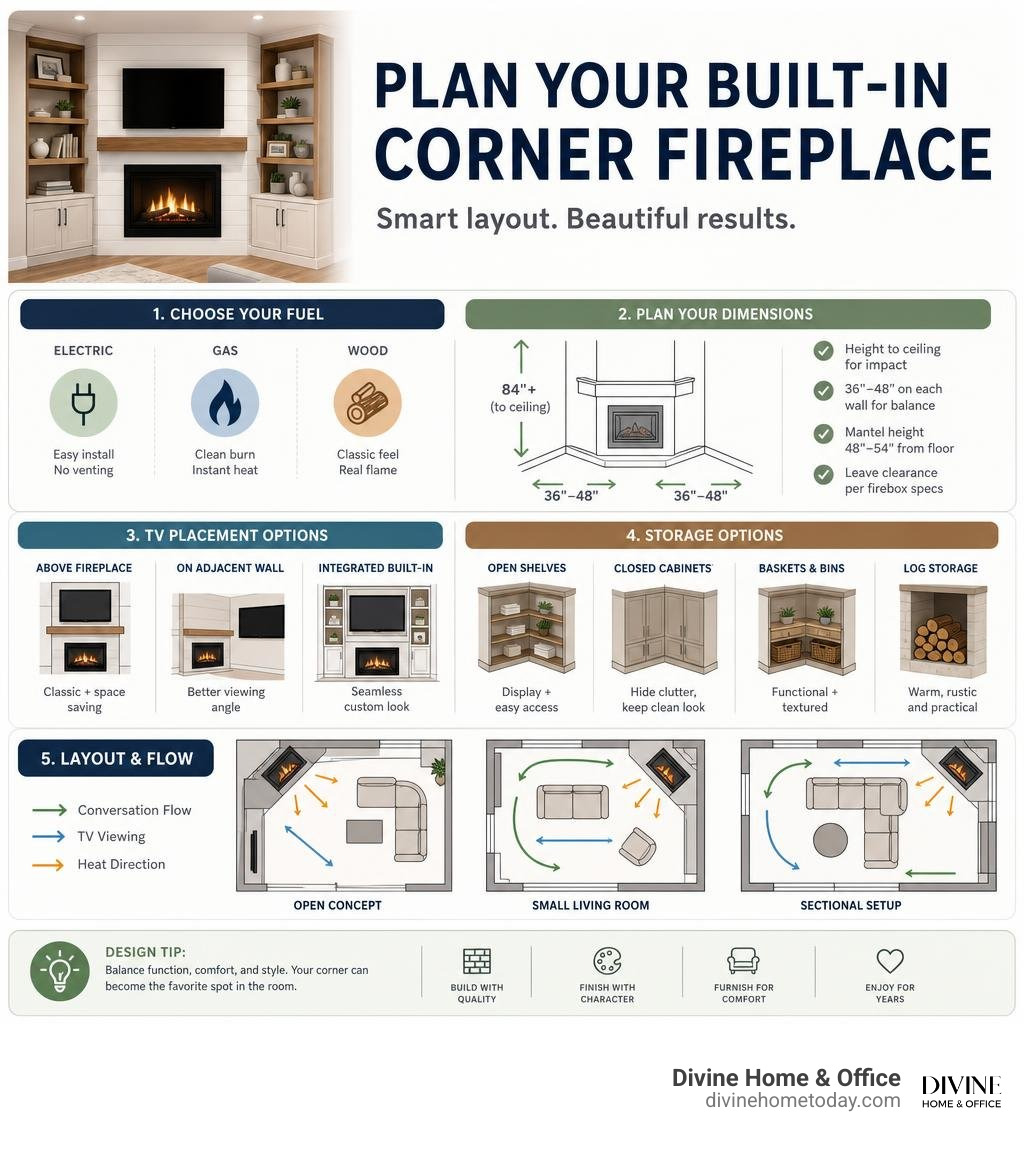 Infographic showing how to plan a built-in corner fireplace layout with fuel types, dimensions, TV placement, and storage Infographic showing how to plan a built-in corner fireplace layout with fuel types, dimensions, TV placement, and storage