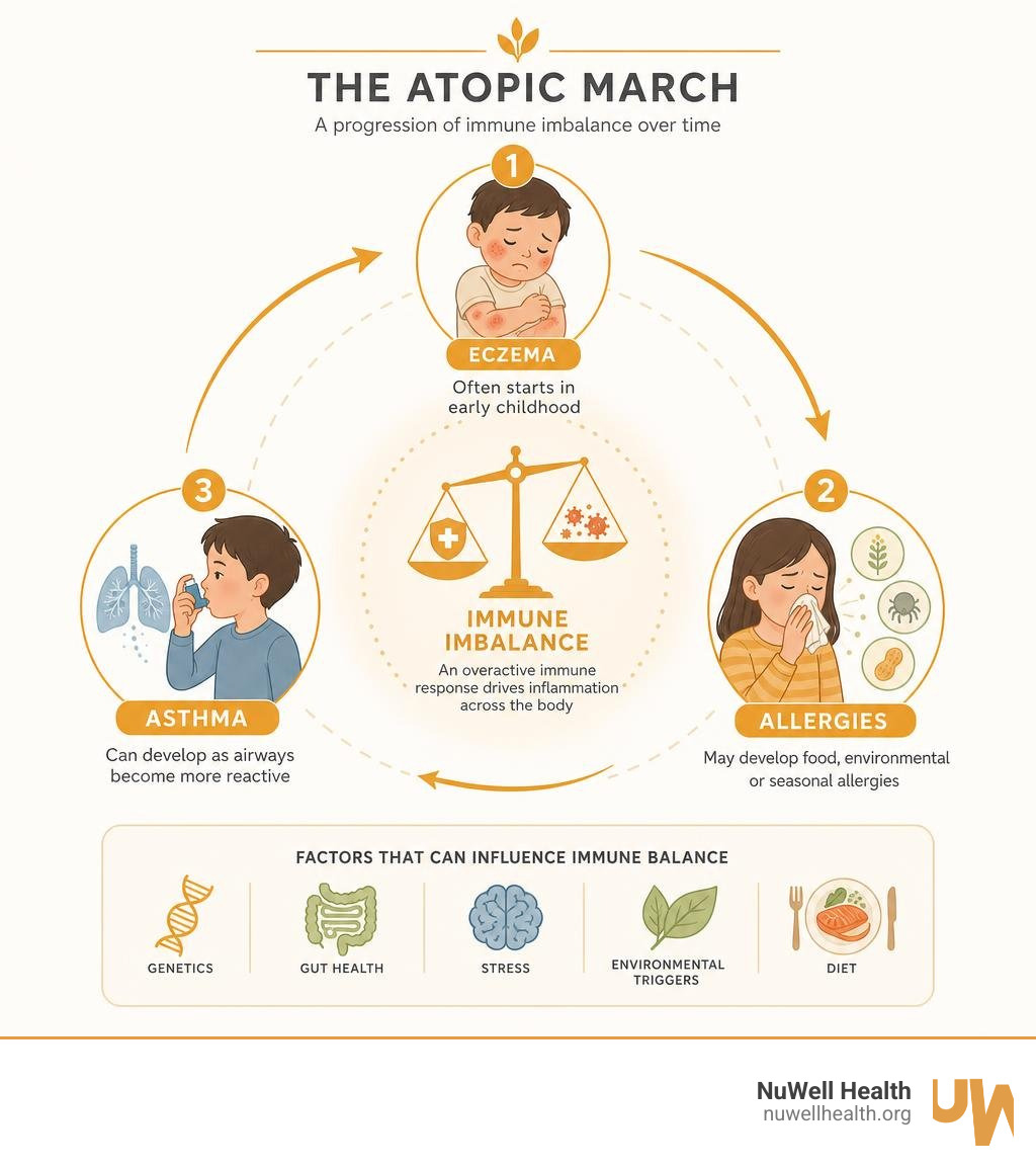 Infographic showing the atopic march progression from eczema to allergies and asthma, with immune imbalance at center