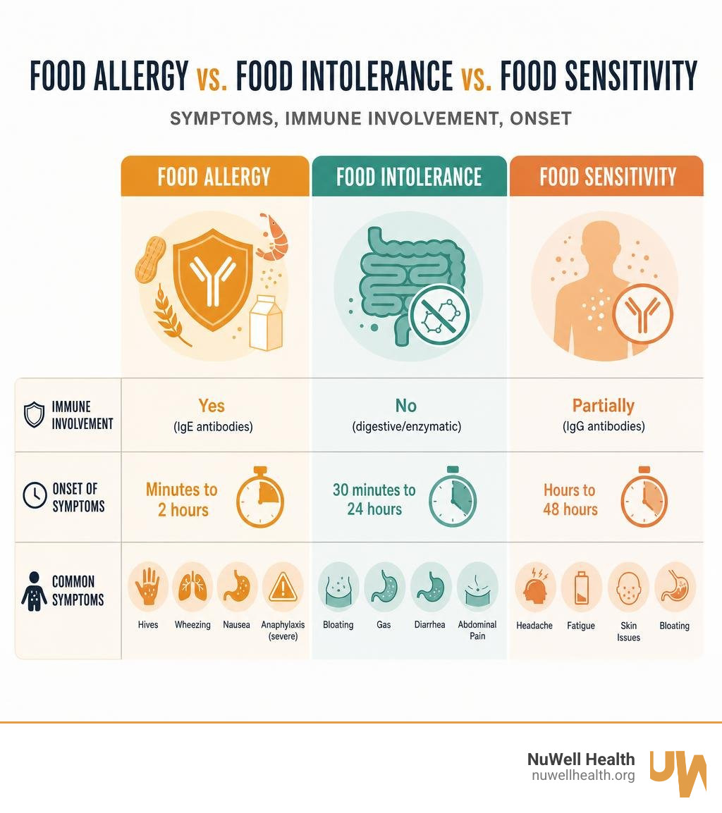 Infographic comparing food allergy vs food intolerance vs food sensitivity: symptoms, immune involvement, onset infographic Infographic comparing food allergy vs food intolerance vs food sensitivity: symptoms, immune involvement, onset infographic
