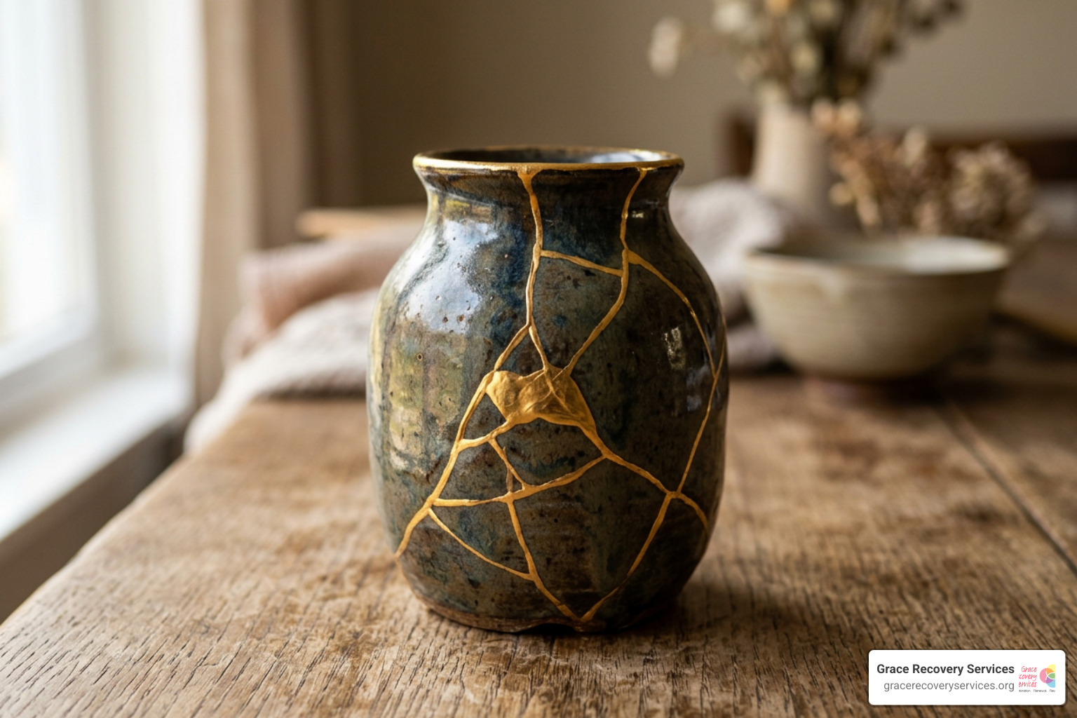 A beautiful Kintsugi vase repaired with gold lacquer showing resilience and healing A beautiful Kintsugi vase repaired with gold lacquer showing resilience and healing