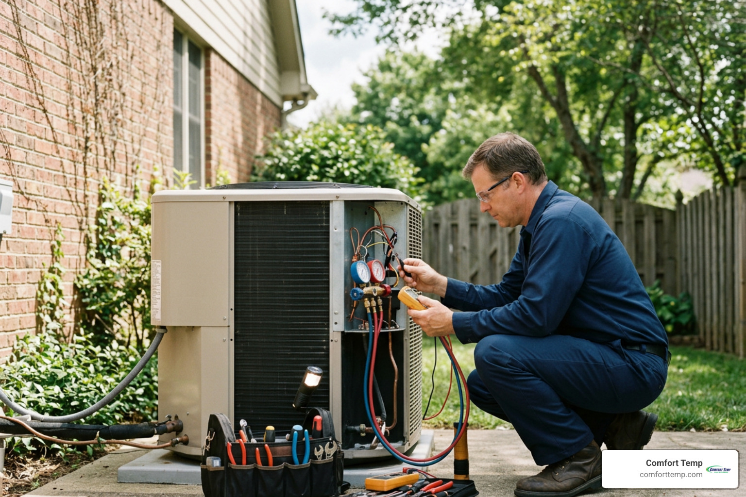 Professional HVAC technician in a dark blue uniform inspecting an outdoor AC unit Professional HVAC technician in a dark blue uniform inspecting an outdoor AC unit