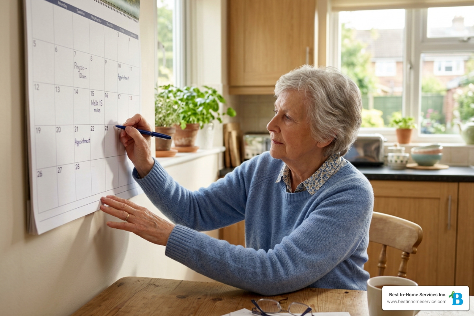senior tracking their rehabilitation milestones on a calendar