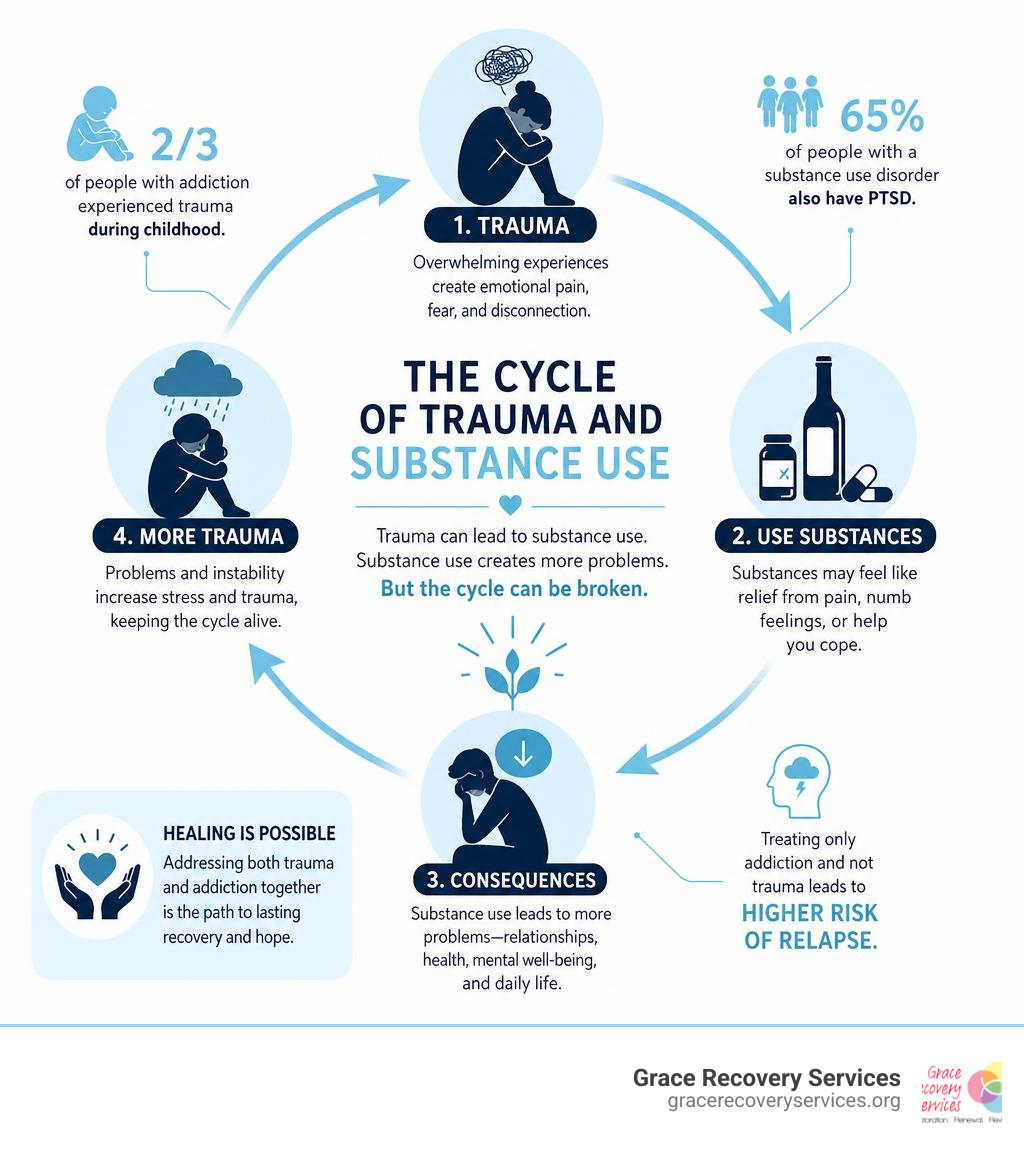 Infographic showing cycle of trauma leading to substance use and back to trauma with key statistics infographic Infographic showing cycle of trauma leading to substance use and back to trauma with key statistics infographic