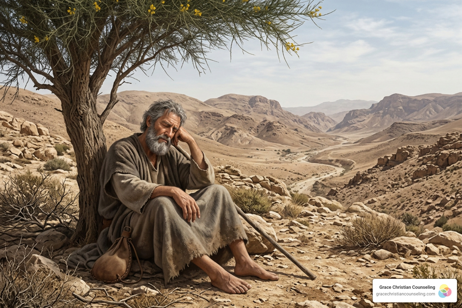 An illustration of the prophet Elijah sitting under a broom tree in the wilderness, looking exhausted An illustration of the prophet Elijah sitting under a broom tree in the wilderness, looking exhausted