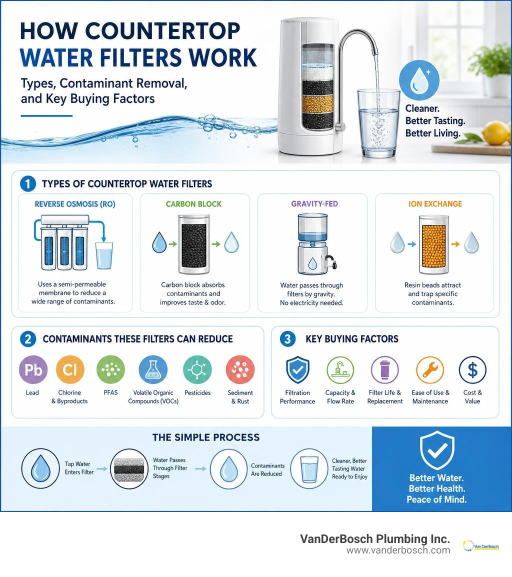 How countertop water filters work: types, contaminant removal, and key buying factors infographic
