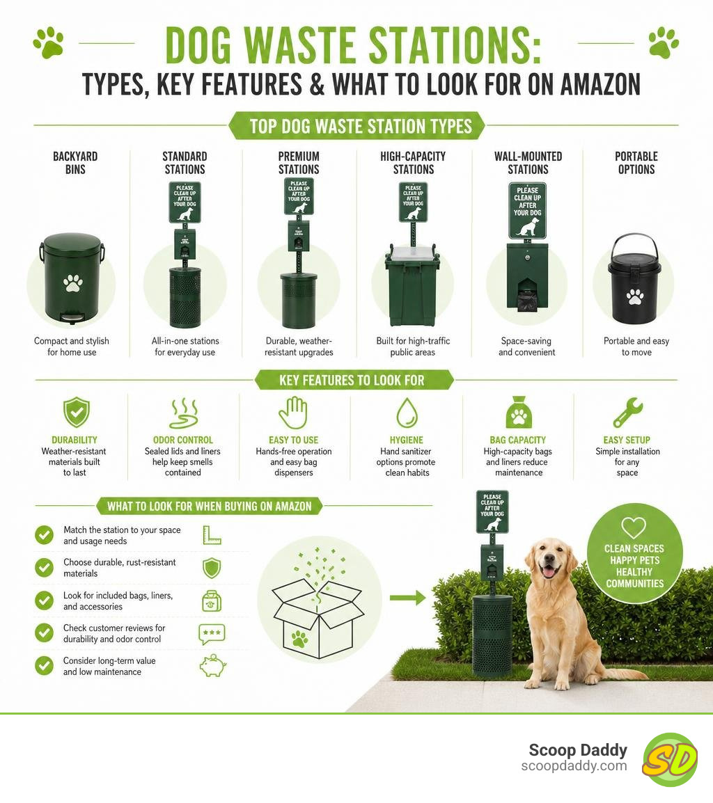 Infographic showing top dog waste station types, key features, and what to look for when buying on Amazon infographic Infographic showing top dog waste station types, key features, and what to look for when buying on Amazon infographic