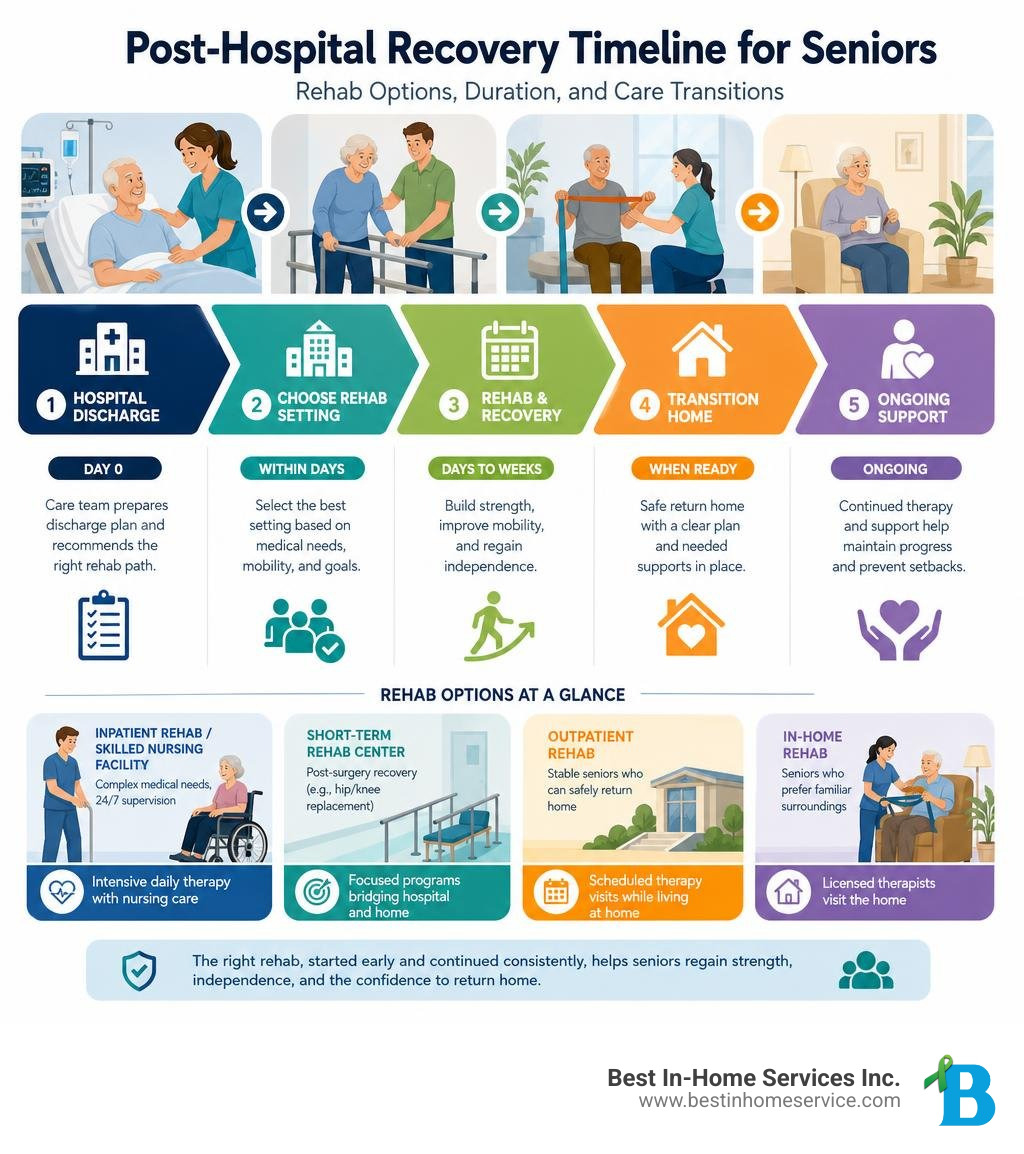 Post-hospital recovery timeline for seniors: rehab options, duration, and care transitions infographic