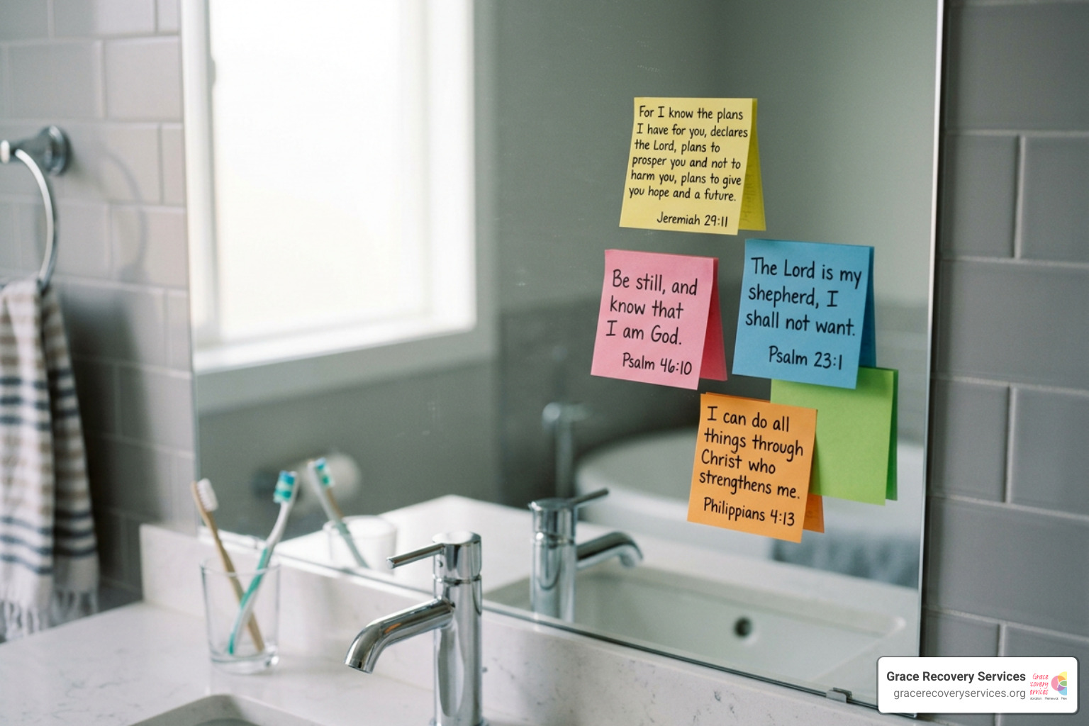 sticky notes with Bible verses on a mirror for daily recovery goals