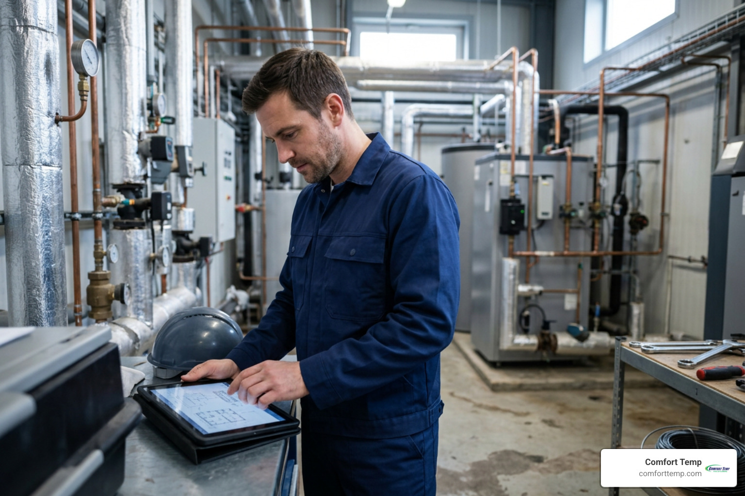 commercial plumber in a dark blue uniform reviewing blueprints on a tablet in a mechanical room commercial plumber in a dark blue uniform reviewing blueprints on a tablet in a mechanical room