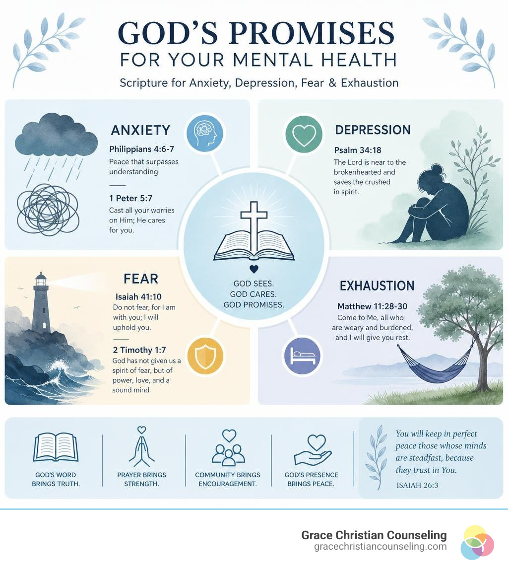 Infographic showing top Bible verses for mental health mapped to anxiety, depression, fear, and exhaustion with key promises Infographic showing top Bible verses for mental health mapped to anxiety, depression, fear, and exhaustion with key promises