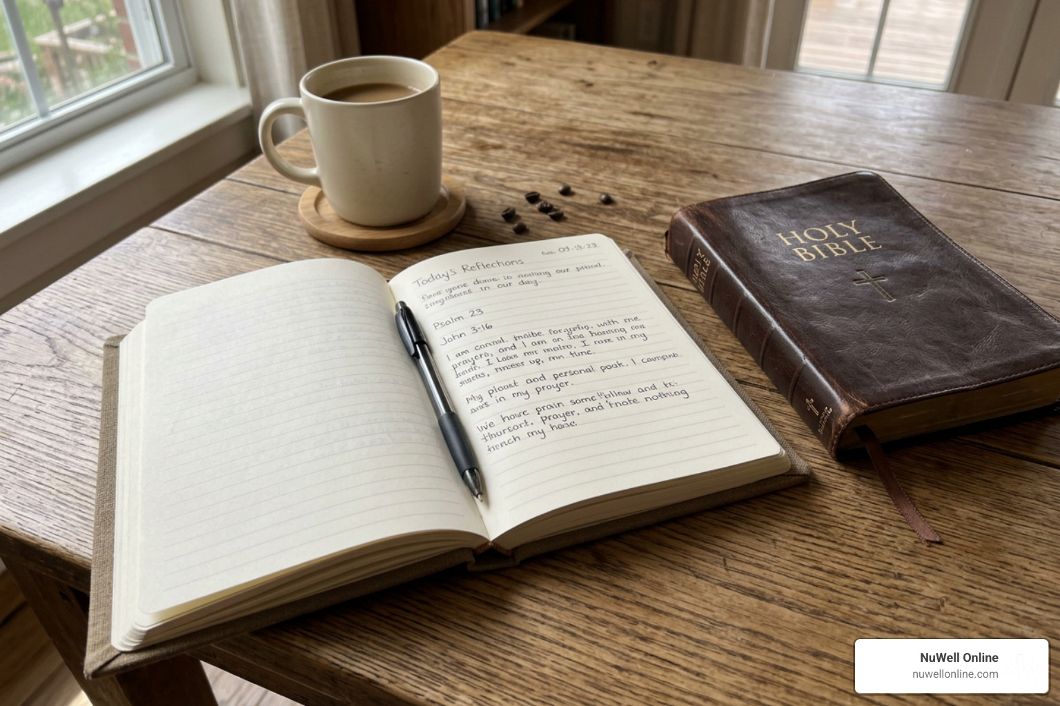 A Christian prayer journal open on a table next to a cup of coffee and a Bible A Christian prayer journal open on a table next to a cup of coffee and a Bible