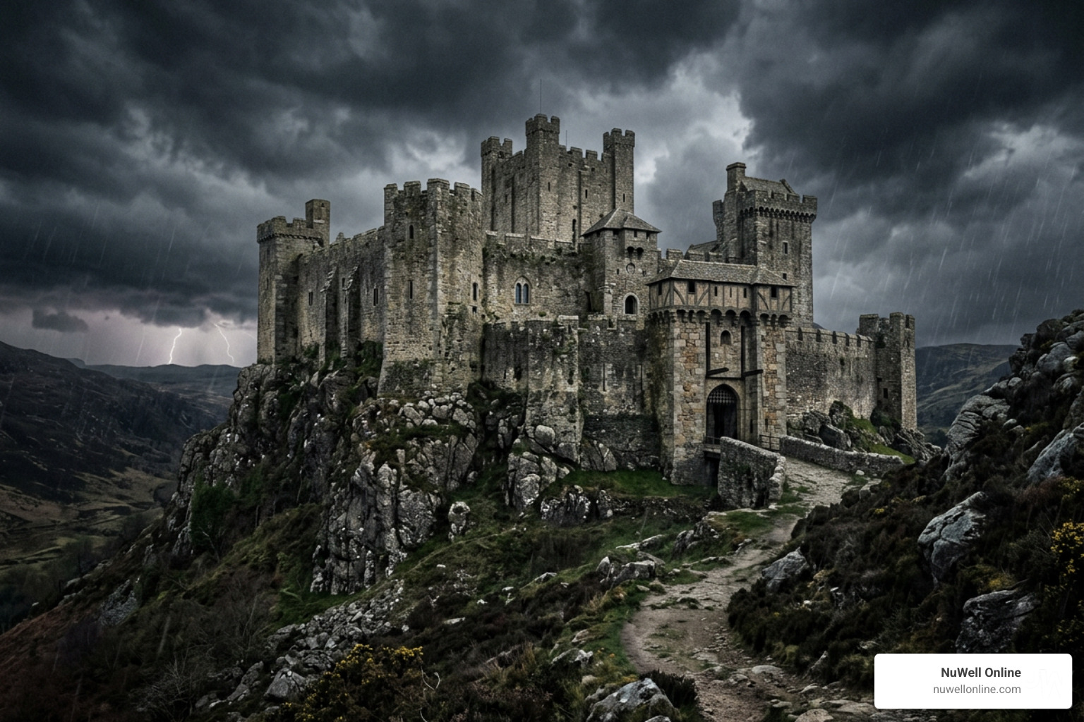 Fortified ancient stone castle under a dark sky representing a spiritual stronghold