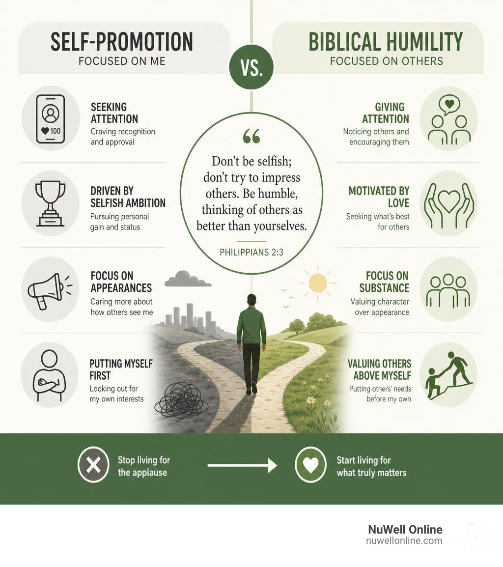 Infographic contrasting self-promotion behaviors versus biblical humility based on Philippians 2:3 infographic