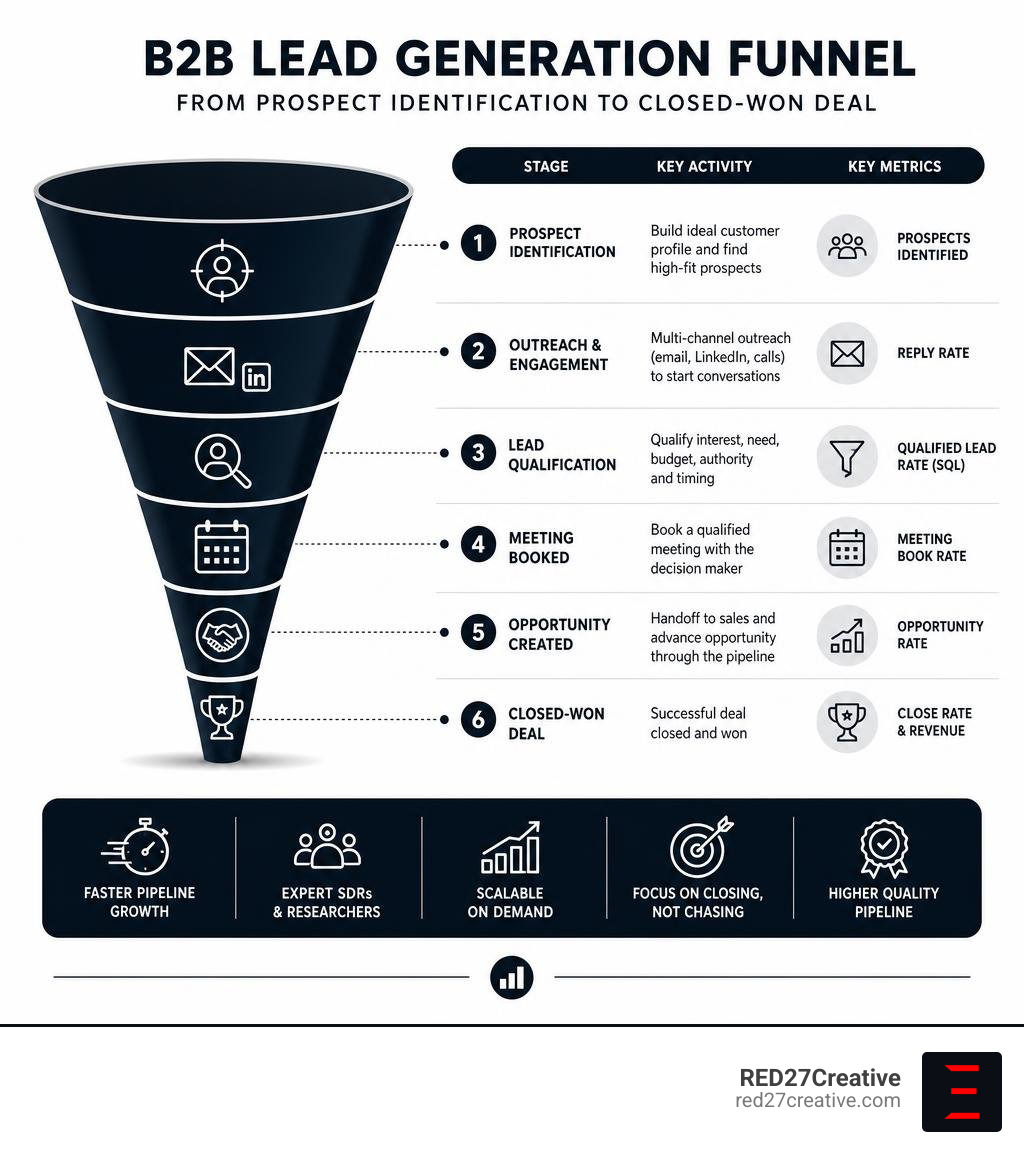 B2B lead generation funnel from prospect identification to closed-won deal with key stages and metrics infographic B2B lead generation funnel from prospect identification to closed-won deal with key stages and metrics infographic