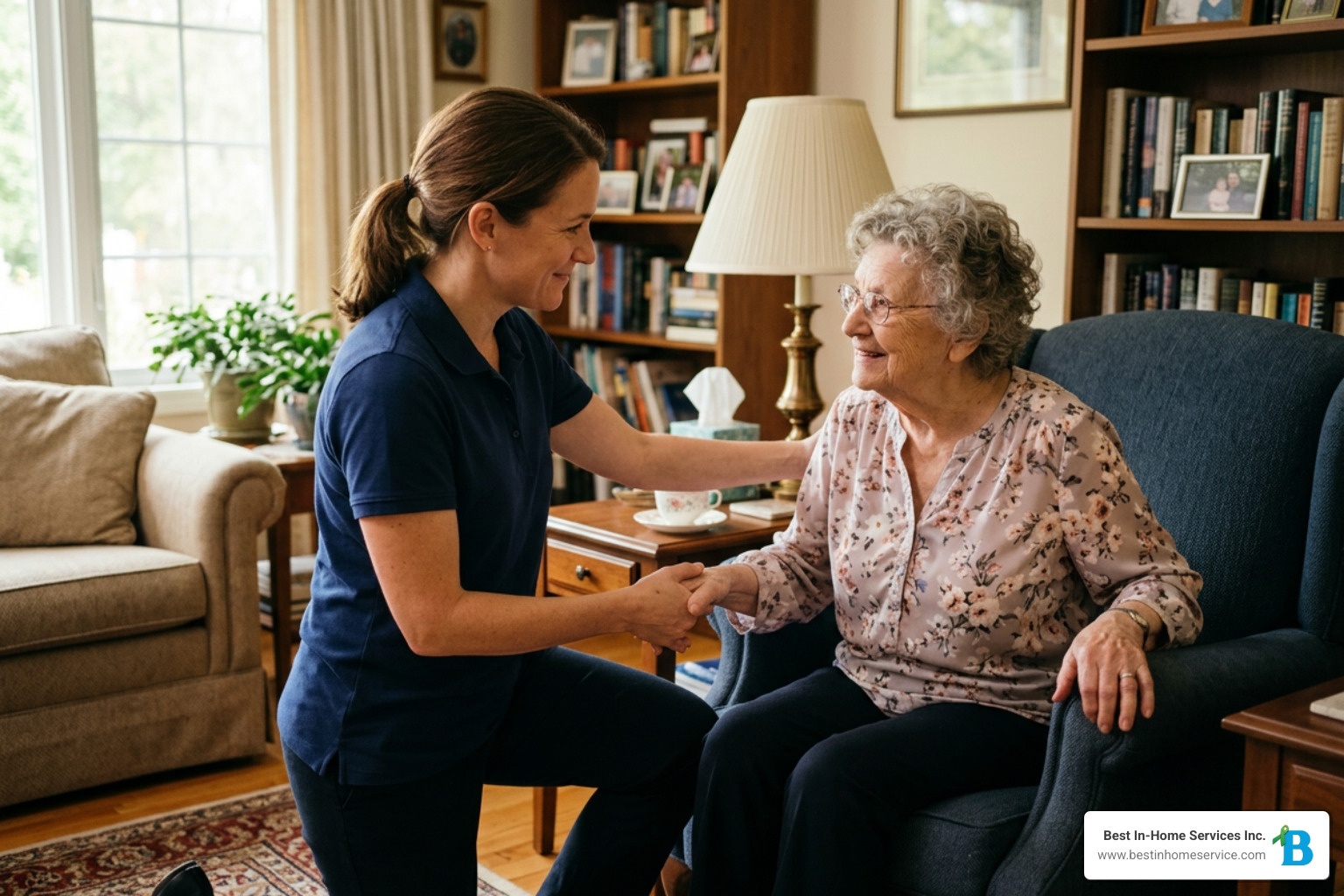 family caregiver assisting an older adult in a cozy living room