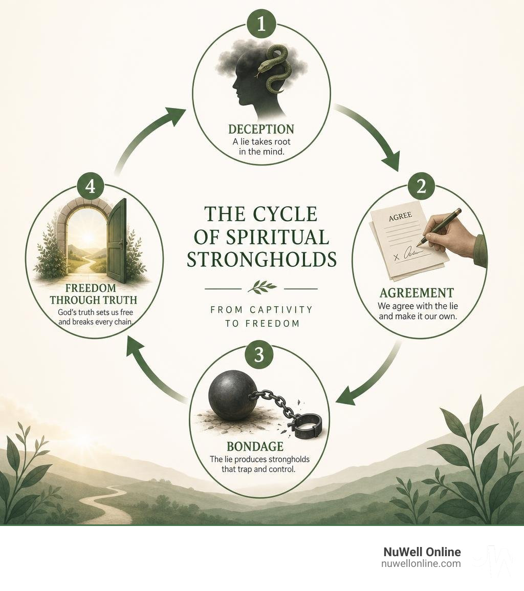 Infographic showing the cycle of spiritual strongholds from deception to agreement to bondage to freedom through truth