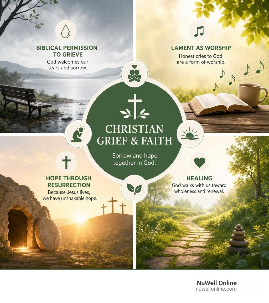 Infographic showing the intersection of Christian grief and faith: biblical permission to grieve, lament as worship, hope Infographic showing the intersection of Christian grief and faith: biblical permission to grieve, lament as worship, hope