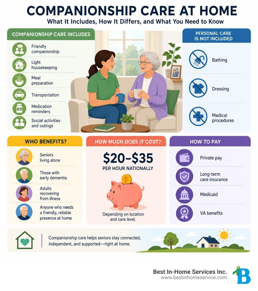 Infographic showing what companionship care at home includes vs. personal care, costs, who benefits, and how to pay Infographic showing what companionship care at home includes vs. personal care, costs, who benefits, and how to pay