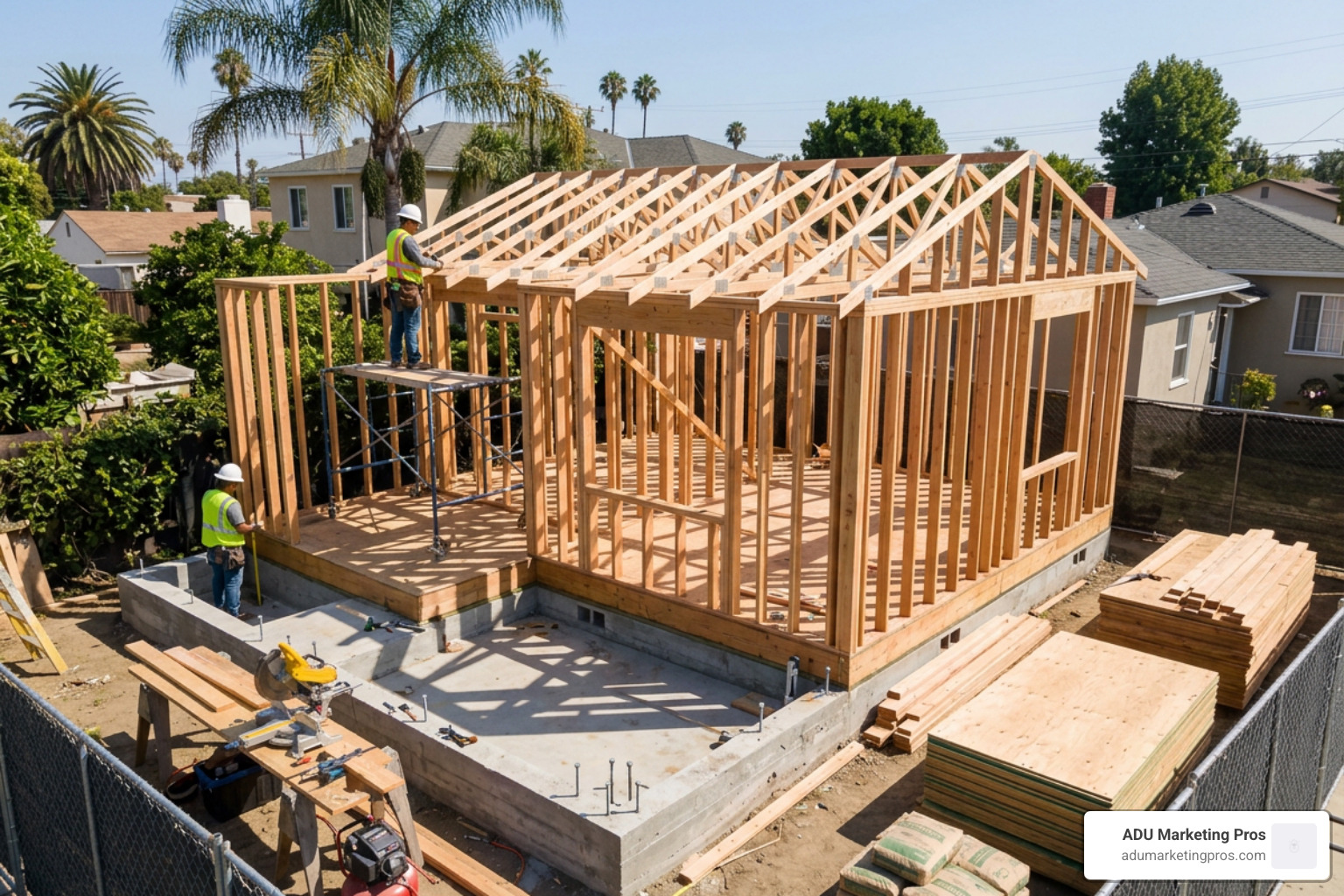 An ADU under construction in Los Angeles showing framing and foundation