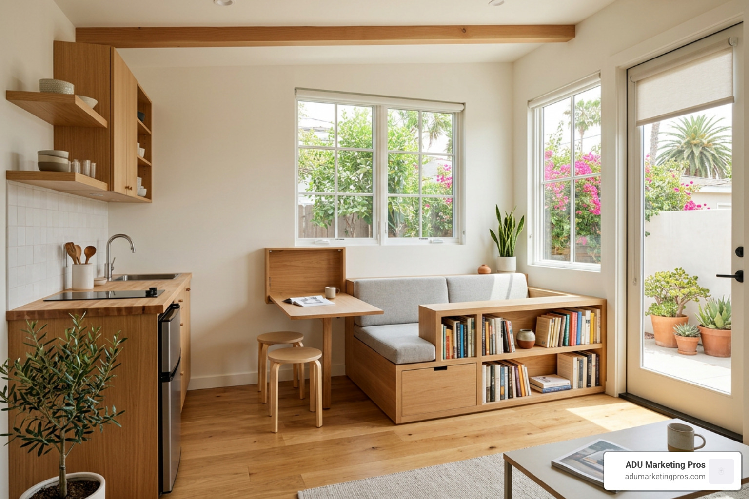 Custom ADU interior showing space-saving design