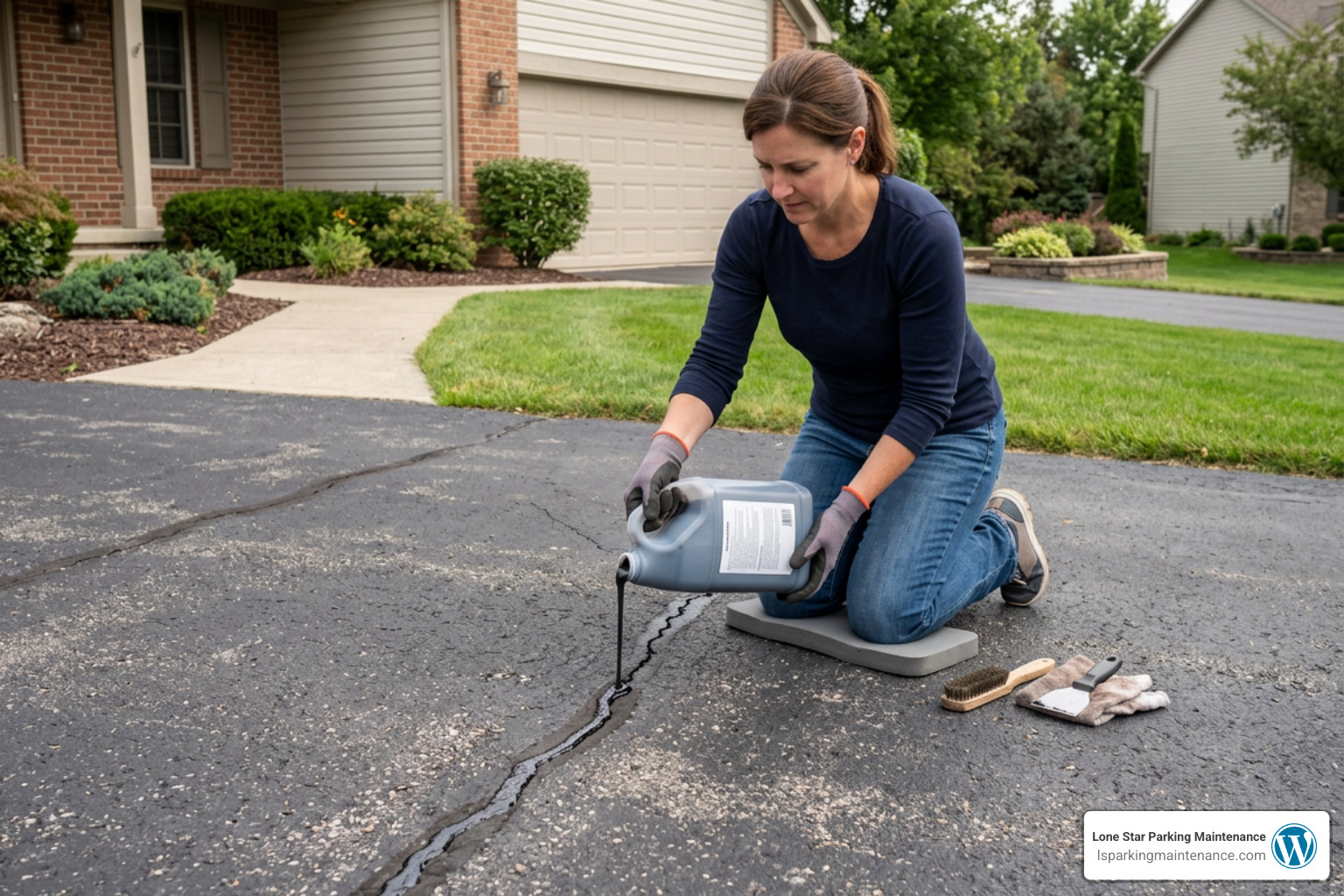 homeowner applying pourable crack filler to blacktop driveway