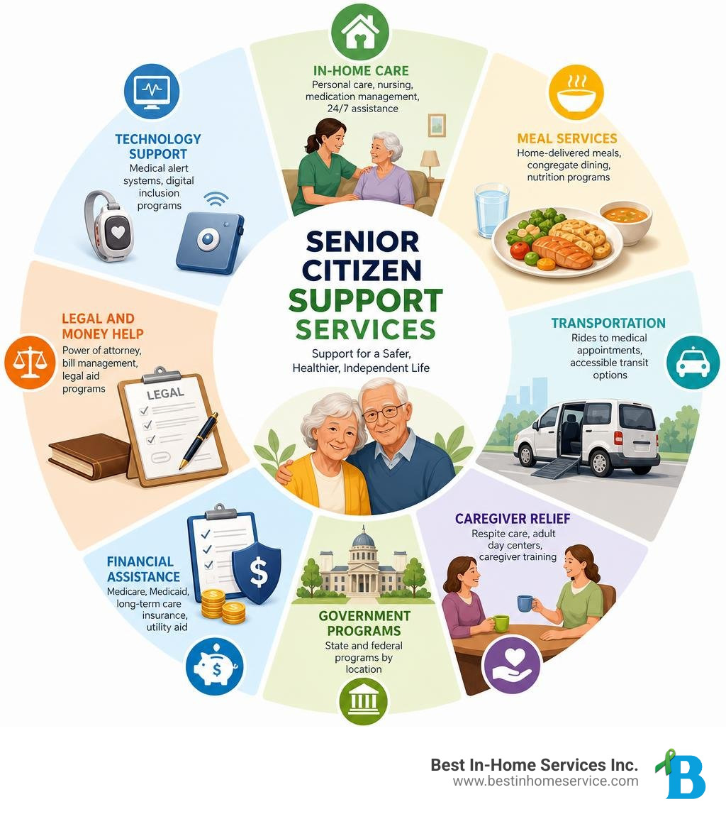 Overview infographic of senior citizen support types including in-home care, meals, transport, and financial aid infographic