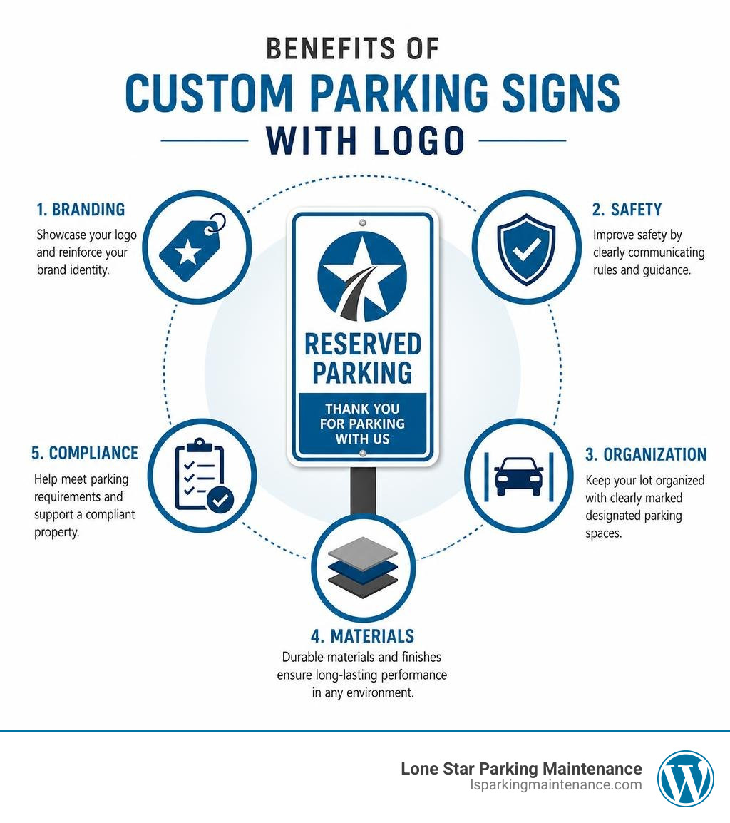 Benefits of custom parking signs with logo: branding, safety, organization, materials, compliance infographic Benefits of custom parking signs with logo: branding, safety, organization, materials, compliance infographic