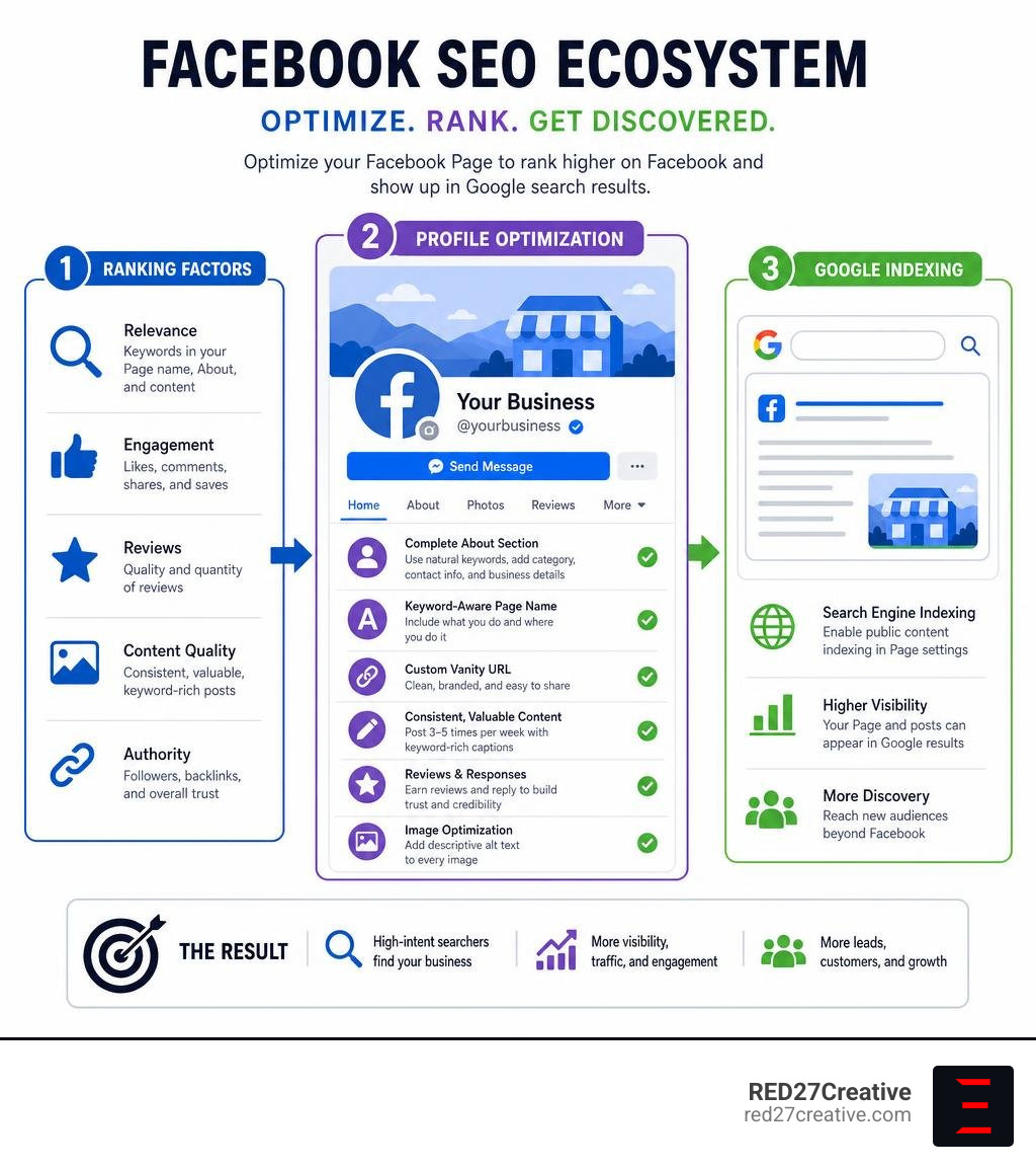 Facebook SEO ecosystem infographic showing ranking factors, profile optimization, and Google indexing infographic Facebook SEO ecosystem infographic showing ranking factors, profile optimization, and Google indexing infographic