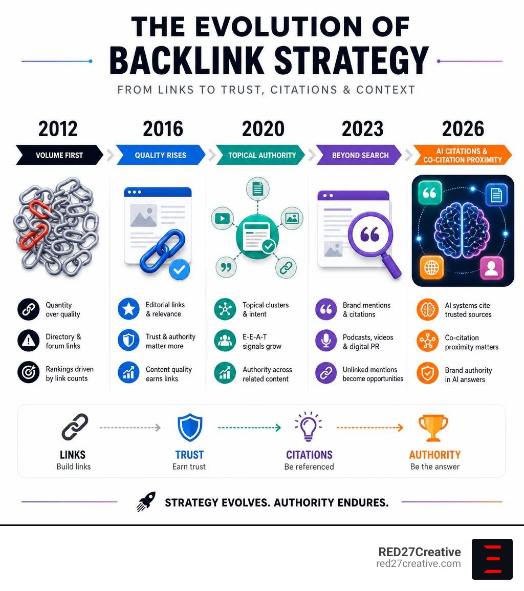 Infographic showing the evolution of backlink strategy website tactics from 2012 to 2026, including quality signals, AI Infographic showing the evolution of backlink strategy website tactics from 2012 to 2026, including quality signals, AI