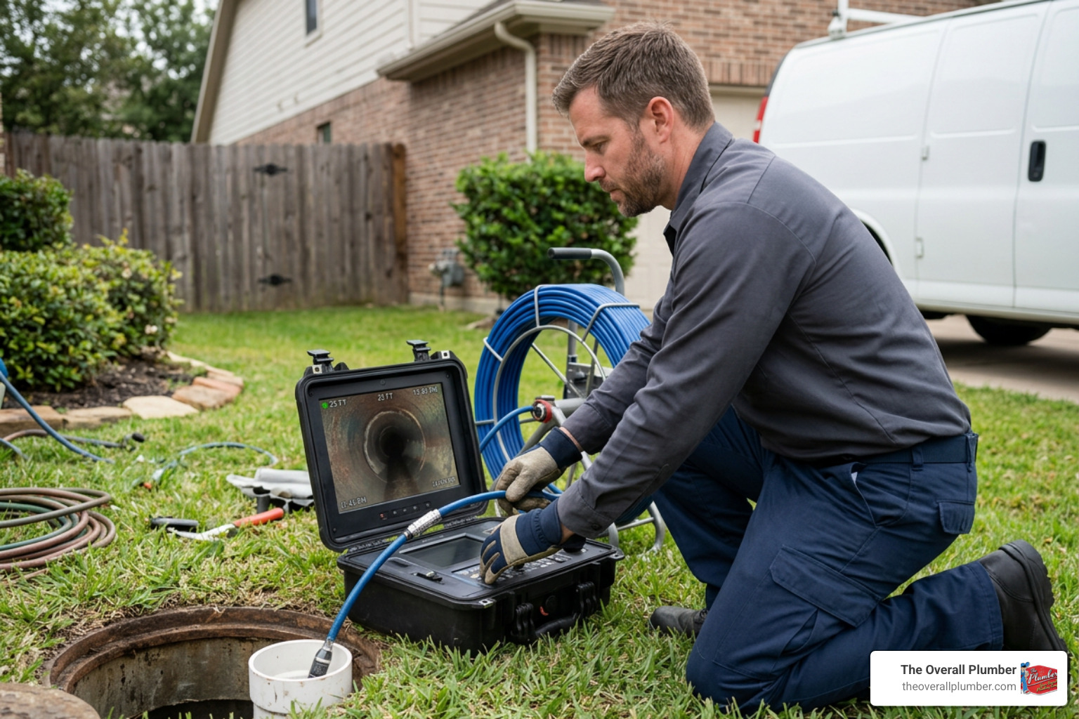 plumber using a high-tech sewer camera to inspect an underground pipe plumber using a high-tech sewer camera to inspect an underground pipe