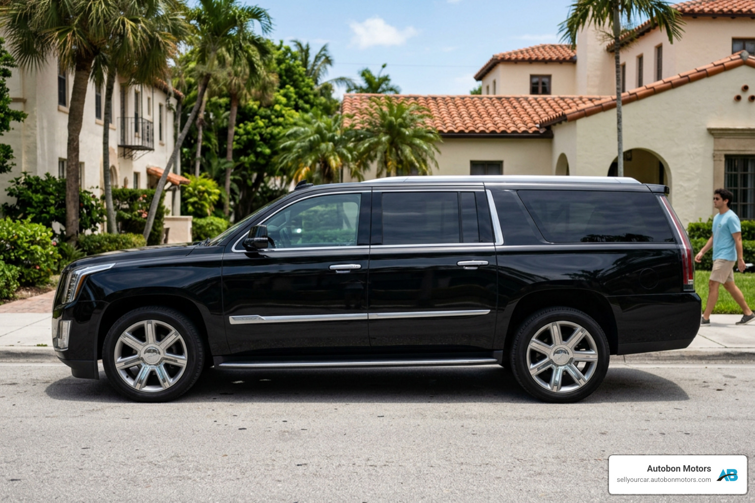 Cadillac Escalade ESV profile showing the extended wheelbase and massive rear doors