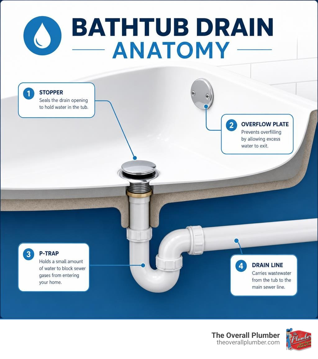 infographic showing bathtub drain anatomy including stopper, overflow plate, P-trap, and drain line infographic infographic showing bathtub drain anatomy including stopper, overflow plate, P-trap, and drain line infographic