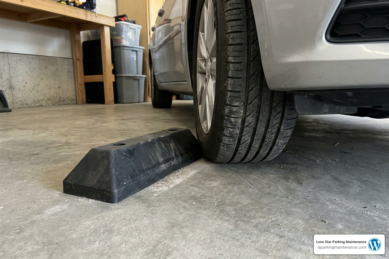 rubber parking block installed in a home garage rubber parking block installed in a home garage