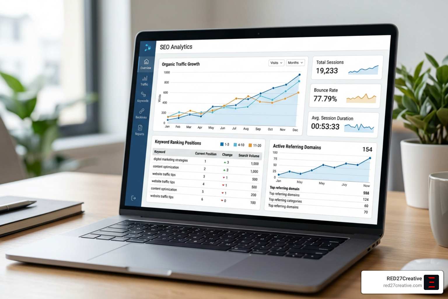 SEO dashboard tracking organic traffic growth, keyword rankings, and active referring domains over time SEO dashboard tracking organic traffic growth, keyword rankings, and active referring domains over time