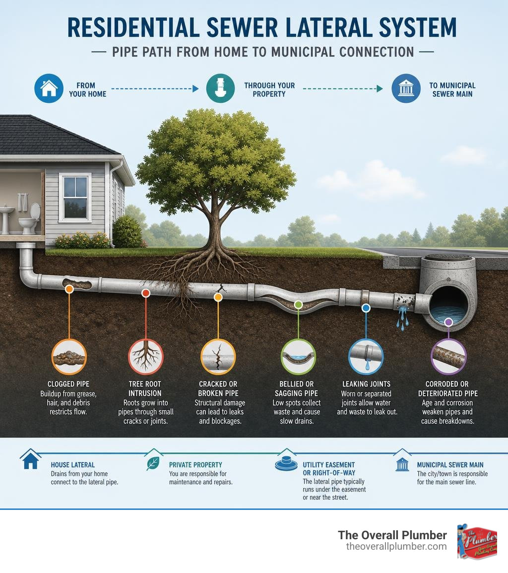 Residential sewer lateral system showing pipe path from home to municipal connection with common problem points infographic Residential sewer lateral system showing pipe path from home to municipal connection with common problem points infographic